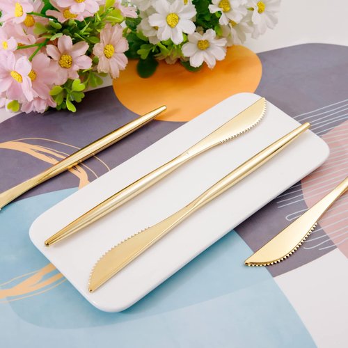 U-QE 180Pcs Gold Plastic Knives, Disposable Heavy Duty Plastic Silverware, Heavyweight Knives, Gold Flatware Perfect For Parties, Weddings and Everyday Use