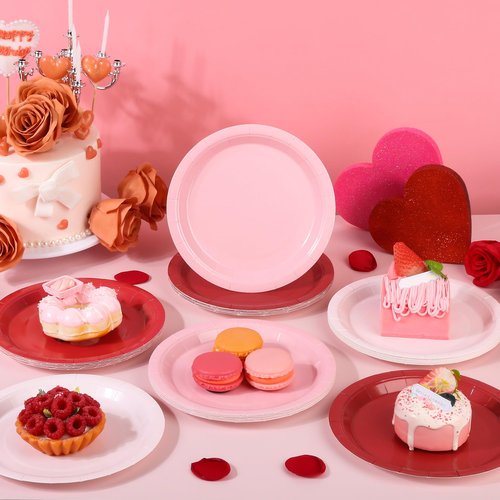 AimFun 48 Pcs Red Pink Paper Plates Valentines Day Gradient Color Party Plates 7 Inch Disposable Round Dessert Cake Plates for Baby Bridal Shower Birthday Mother's Day Party Supplies