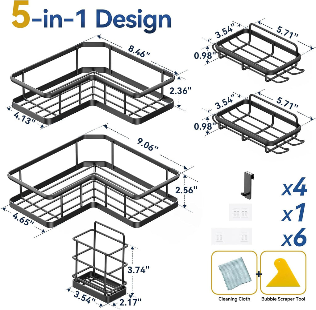 YASONIC Corner Shower Caddy - 5-Pack Rustproof Stainless Steel Organizer with Soap Holder | No-Drill Black Shelves