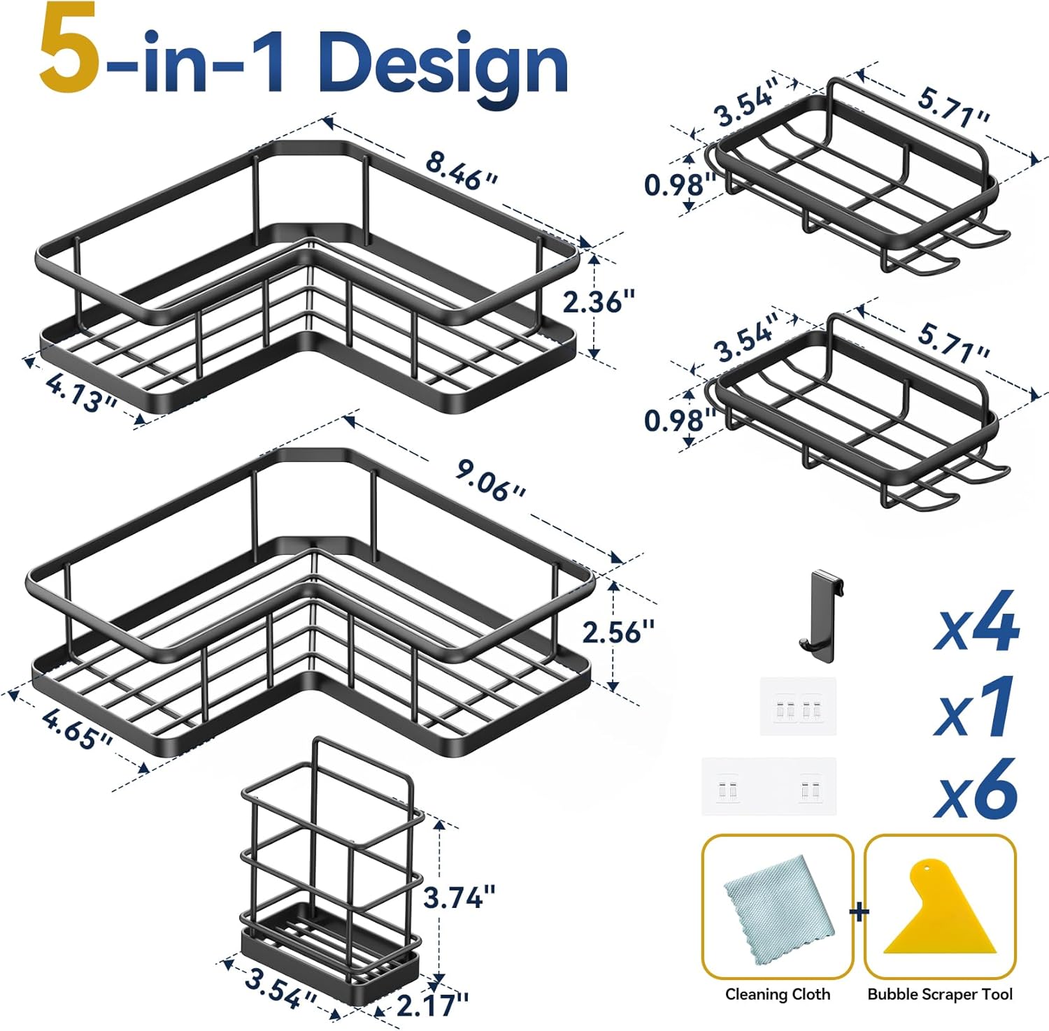 YASONIC Corner Shower Caddy - 5-Pack Rustproof Stainless Steel Organizer with Soap Holder | No-Drill Black Shelves