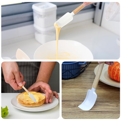 Ptwola 2 Pcs Wooden Handle Spatula Set White Silicone Spatulas Small Scraper Rubber Kitchen Utensil for Chefs Professional Baking Cooking Mixing Jar Bowl Frosting Dishwasher Safe Use