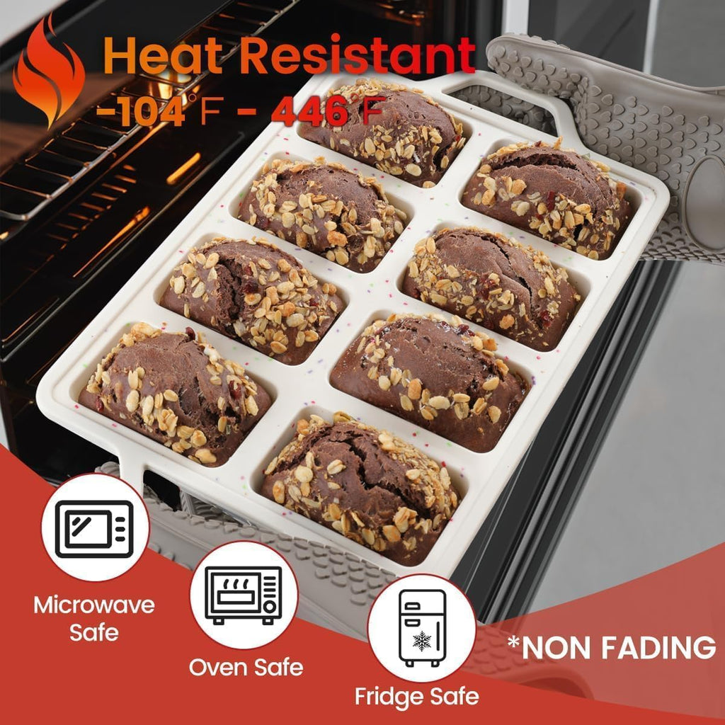 Skiennix Mini Loaf Pan - Nonstick Silicone Mold with 8 Cavities for Baking Bread, Meatloaf & Brownies