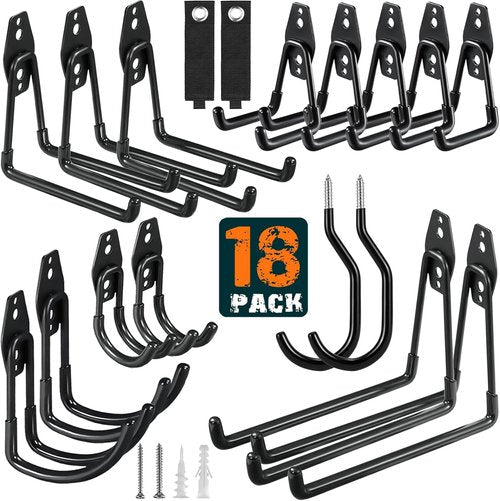 HUPBIPY Heavy Duty Garage Hooks - 18 Pack Wall Mount Storage Organizer for Tools, Ladders & Bikes