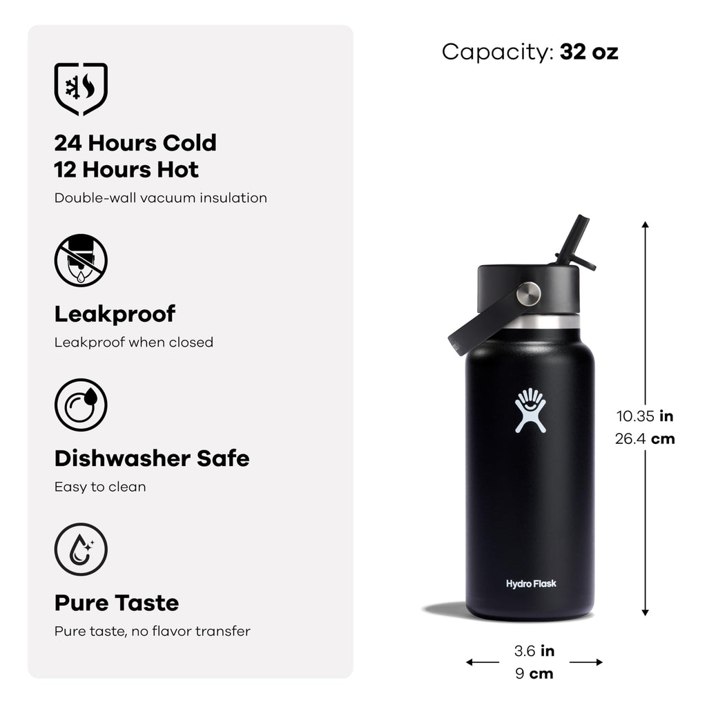 Hydro Flask Water Bottle - Insulated Stainless Steel - Wide Flex Straw Lid, Non Spill, Leakproof, and Refillable in 40 Oz Trillium