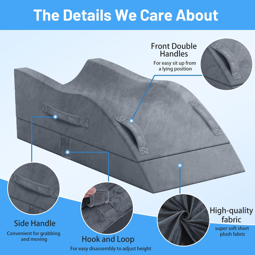 TranquilRelax Double Leg Elevation Pillows, Wedge Pillow for After Surgery, Memory Foam Support Adjustable, Comfort Care for Back Knee Hip Ankles Pain, Knee Pillow for Sleeping Blood Circulation Grey