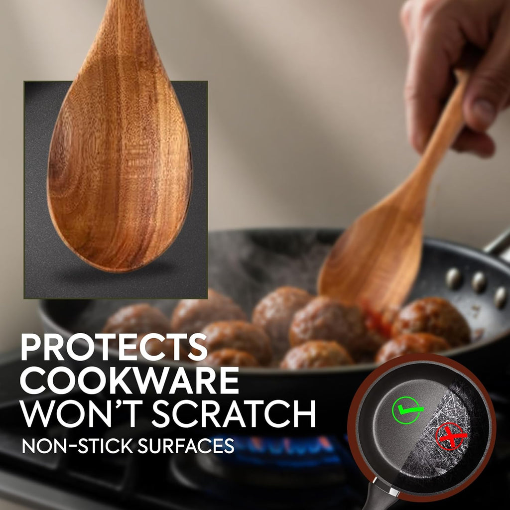 Premium Teak Wooden Spoon - 12" Long Handle Cooking Utensil with Spoon Rest | Perfect Kitchen Gift
