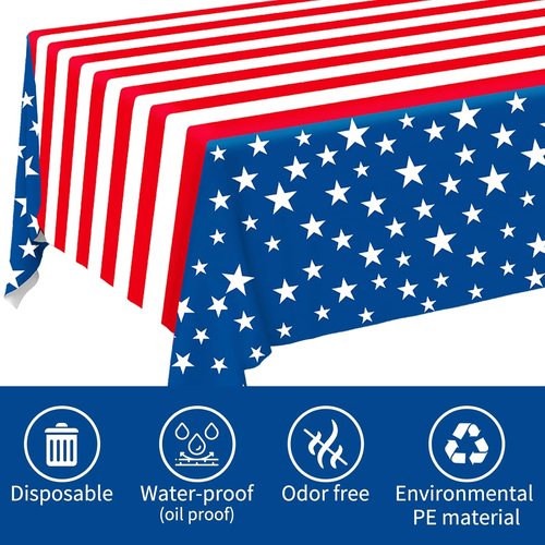 Gatherfun Disposable Plastic Tablecloth - Waterproof American Flag Design for Patriotic Celebrations | 3PCS 54 x 108 Inch