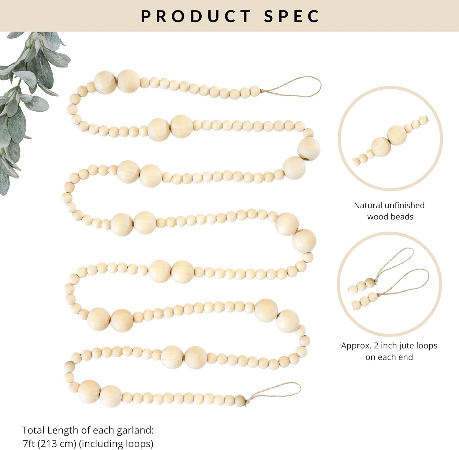 Skiennix 7ft Wooden Bead Garland - Rustic Holiday Decor for Christmas Trees | Natural Wood 2-Ball Design