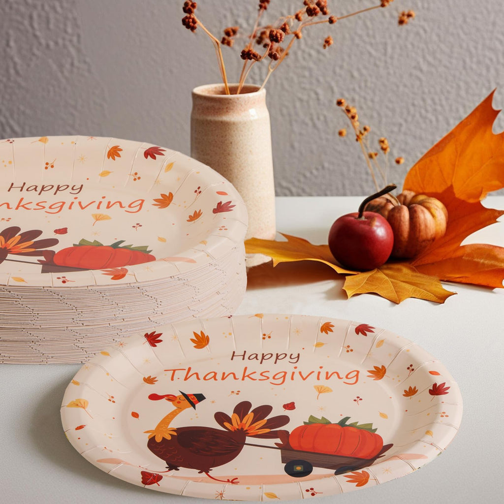 WDF 50Pack Thanksgiving Oval Plates Paper - 10" x 12" Happy Thanksgiving Plates Disposable Dinner Autumn Fall Harvest Party Supply - Turkey Thankful Pattern