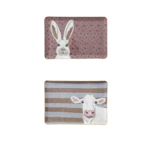 Creative Co-Op 2-Piece Enameled Metal Trays with Patterns, Animal Images and Gold Edges, Multicolor
