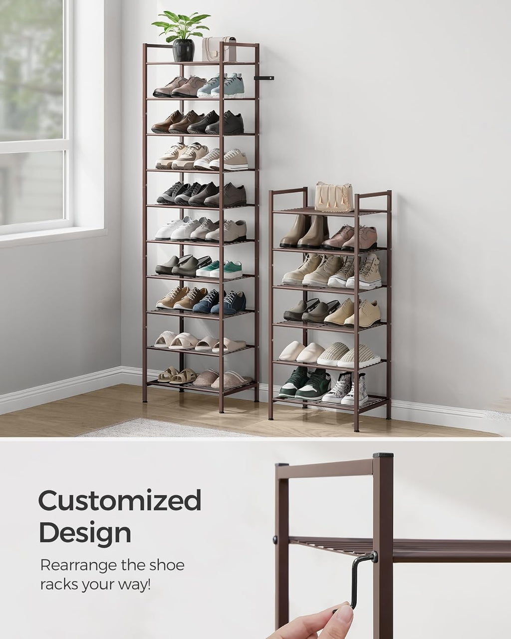 SONGMICS Narrow Shoe Rack - Sturdy 8-Tier Metal Storage Organizer for Small Spaces | Bronze, 12"D x 17.6"W x 50.6"H