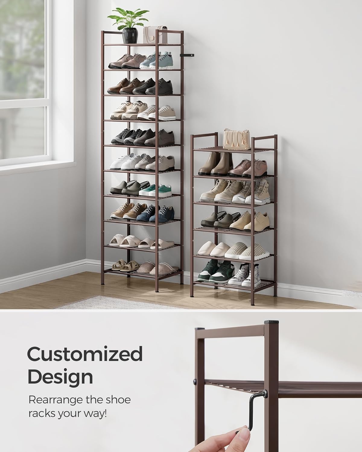 SONGMICS Narrow Shoe Rack - Sturdy 8-Tier Metal Storage Organizer for Small Spaces | Bronze, 12"D x 17.6"W x 50.6"H