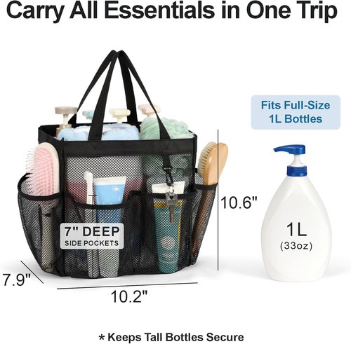 F-color Mesh Shower Caddy - Portable 8 Pocket Quick Dry Organizer for College Dorm & Travel | Black