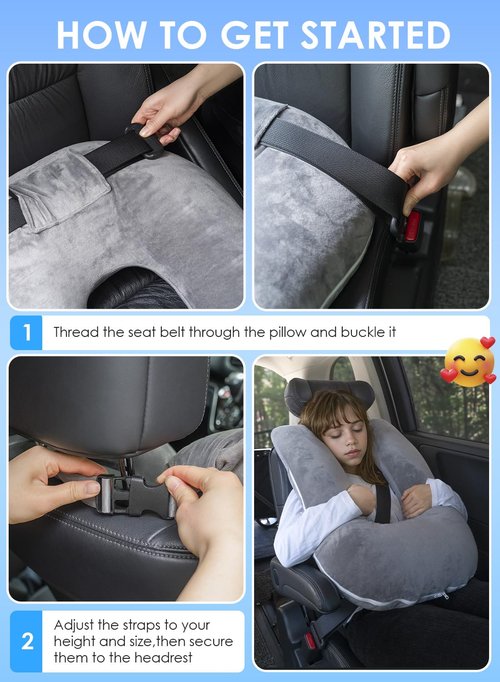 QUEEN ROSE Car Travel Pillow for Sleeping, Adjustable Head Support for Adults & Kids, Breathable Soft Neck Cushion for Road Trips, Machine Washable Cover, Grey