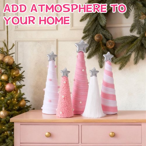 Realspring 5 Pcs Pink White Velvet Christmas Cone Tree Table Decoration Modern Xmas Tree Tabletop Centerpiece Ornaments for Mantel Fireplace Home Farmhouse Kitchen Party Crafts, 3 Sizes