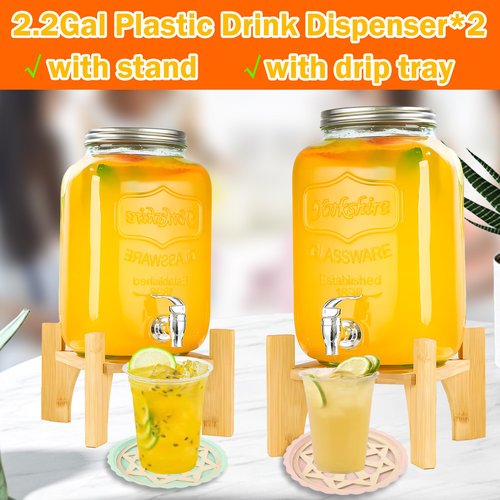 2 Set 2.2 Gallon Upgraded Plastic Drink Dispensers for Parties, Anti-Blocking Beverage Dispenser with Stand for Lemonade Juice Water Liquor