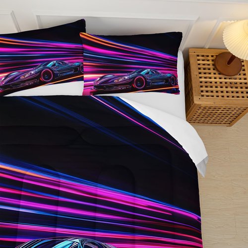 lneffble Car Comforter Set Queen Size,Race Car Kids Comforter Set,3Pcs Bedding Set Printed Comforter with 2 Pillowcases,Down Alternative,Soft and Lightweight,for All Seasons