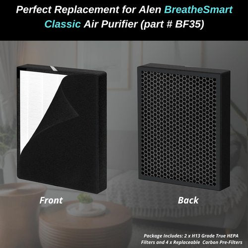 2 pack - BF35 True Hepa Filter Replacement - for BreatheSmart Classic Air Purifier - Compatible with BF35 Includes 2 H13 Grade True Hepa Filters & 4 Carbon Pre-Filters