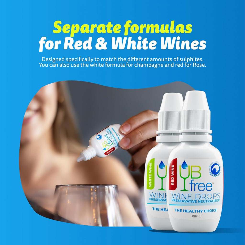 UBfree Wine Drops - 2pk Red & White - Removes Sulfites and Histamines from Red and White Wines | Naturally Eliminate Wine Headaches Sensitivities and Allergies | Odorless Tasteless | Discrete Portable