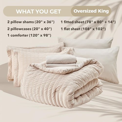 HYMOKEGE King Comforter Set - Luxury 7-Piece Beige Seersucker Bedding Set for All Seasons | Includes Comforter, Sheets, Pillowcases & Shams