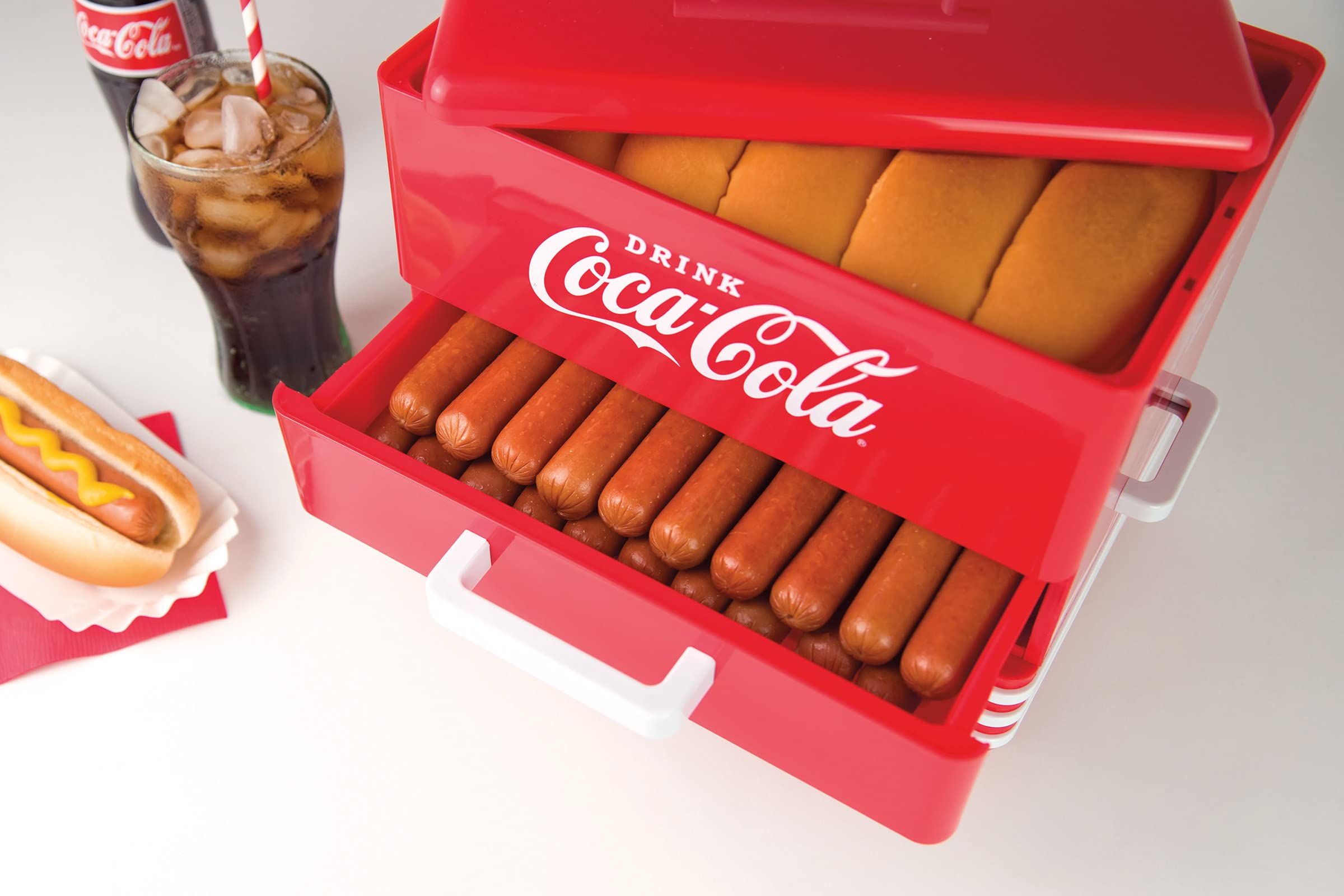 Nostalgia Extra Large Diner-Style Coca-Cola Hot Dog Steamer and Bun Warmer, Red & Popcorn Maker, 12 Cups Hot Air Popcorn Machine with Measuring Cap, Oil Free, Vintage Movie Theater Style, Red
