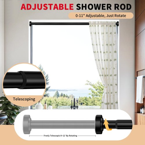 Emlaoe Black Shower Curtain Rod 34-66 Inches Never Rust Stainless Steel Tension Curtain Rod Adjustable Shower Rod Spring Tension Non-Slip No Drilling Shower Rods for Bathroom Window