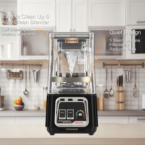 CRANDDI Commercial Blender - 2200W Quiet Smoothie Maker with Removable Shield | 52oz, Black, 38000 RPM