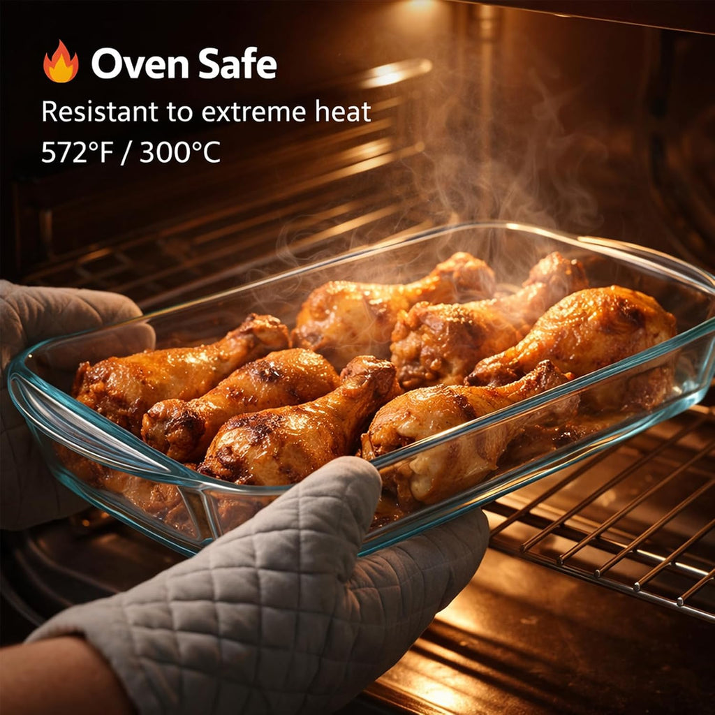 Ums 2-Qt Glass Baking Dish - Borosilicate Casserole Dish with Lid | Oven, Microwave & Dishwasher Safe (13" x 7.5" x 2.4")