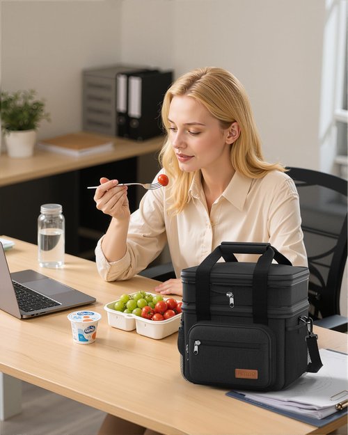 HOTOR Lunch Box for Men & Women - Double-Layer Insulated Lunch Bag with Leakproof Liner, Portable Cooler for Work, Travel, or Picnic, Black, 13.4" x 11.8" x 10.6"