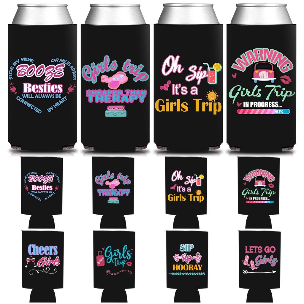 HAPPARTY Black Weekend Trip Theme Slim Can Cooler Sleeves 8Pcs, Weekend Bottle Can Beverage Cold Drinking Holder Sleeves for Birthday Bachelorette Girl Trip Party Favor Gifts