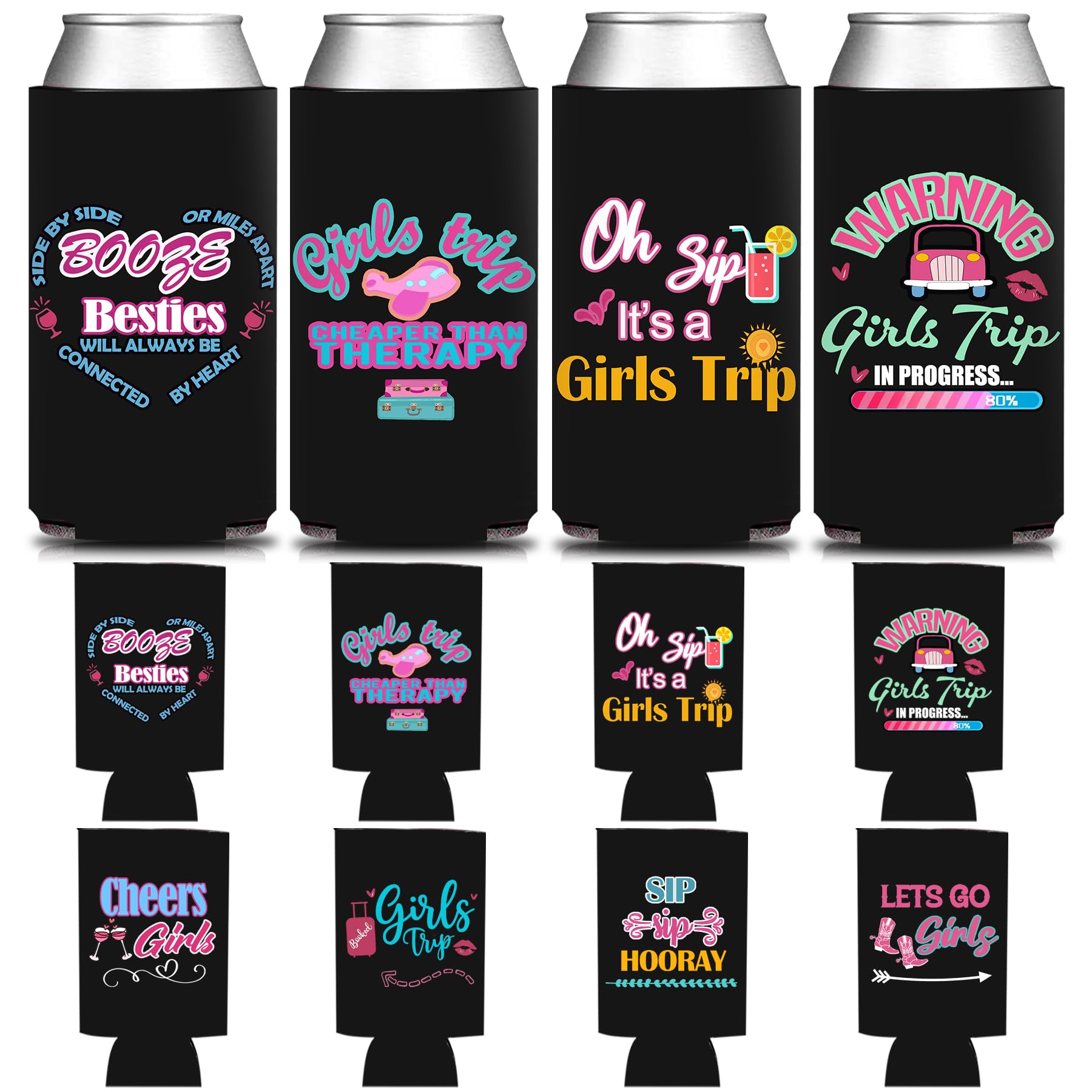 HAPPARTY Black Weekend Trip Theme Slim Can Cooler Sleeves 8Pcs, Weekend Bottle Can Beverage Cold Drinking Holder Sleeves for Birthday Bachelorette Girl Trip Party Favor Gifts