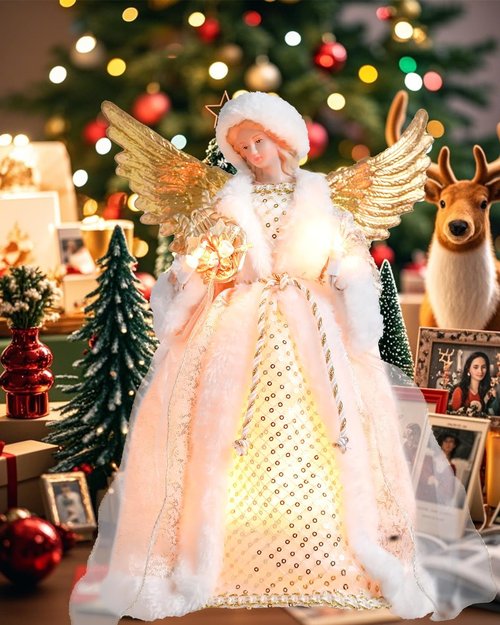 Bdor 14 Inch Christmas Tree Topper Angel - Elegant White & Gold Figurine with Lighted Wings for Holiday Décor