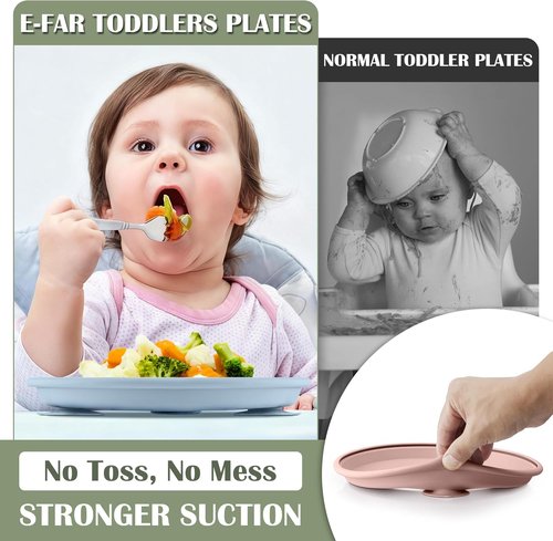 E-far Stainless Steel Toddler Plates - 9" Unbreakable Non-Slip Baby Dishes, 4-Pack with Suction & Silicone Sleeves