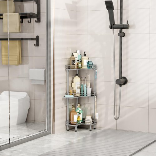 HapiRm Corner Shower Caddy Standing - 3 Tier Shower Organizer Corner with Soap Holder, Rustproof Bathroom Standing Organizer with 4 Hooks, Grey