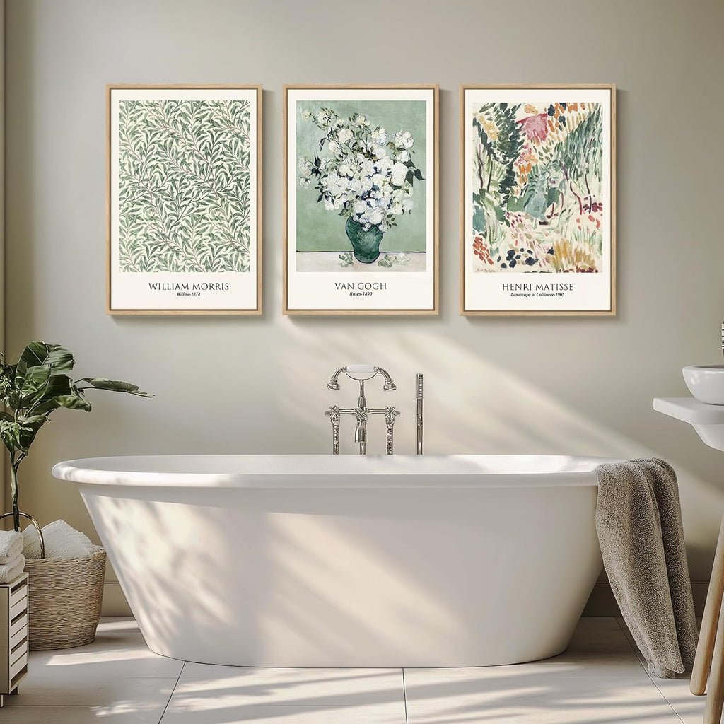 Van Gogh Framed Large Canvas Wall Art - Vintage Sage Green Botanical Prints | 3-Piece Set, 16x24 Inch
