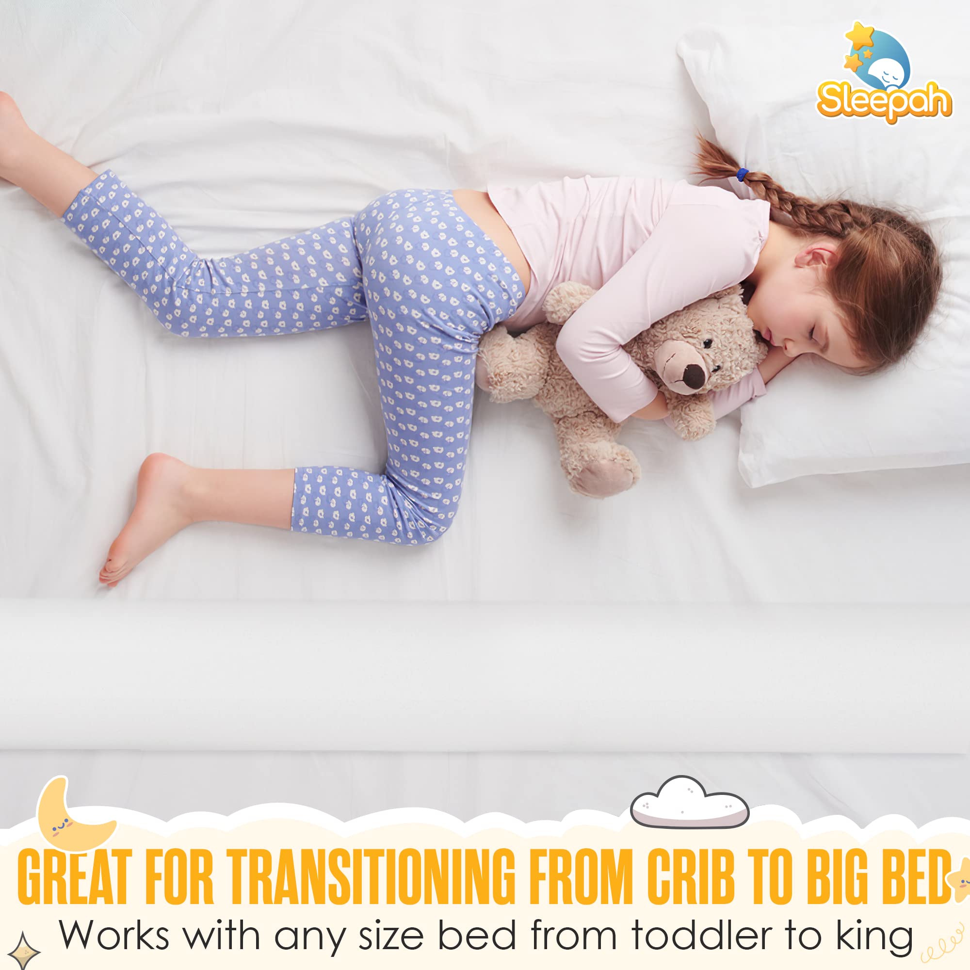 Sleepah Bed Rail for Toddlers (2 Pack) Memory Foam Bumper Guard w Dual Non-Slip Pads (Top & Bottom) Waterproof Washable Soft Removable Cover Safety Noodle for King Queen Full Twin Beds (2)