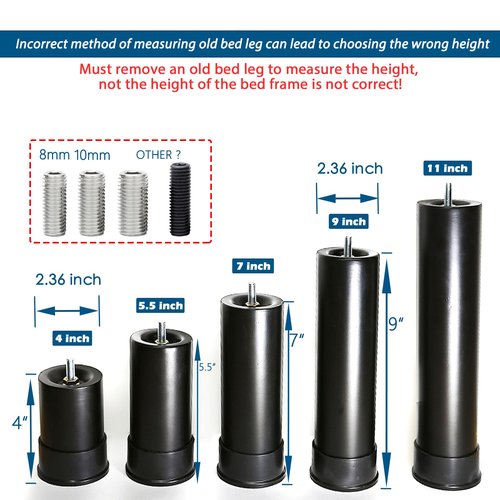 4 Inch Metal Adjustable Bed Base Frame Leg Replacement Heavy Duty Extra Height Leg Compatible with 89% of Frameworks Such as M8 M10 Thread (Set of 6)
