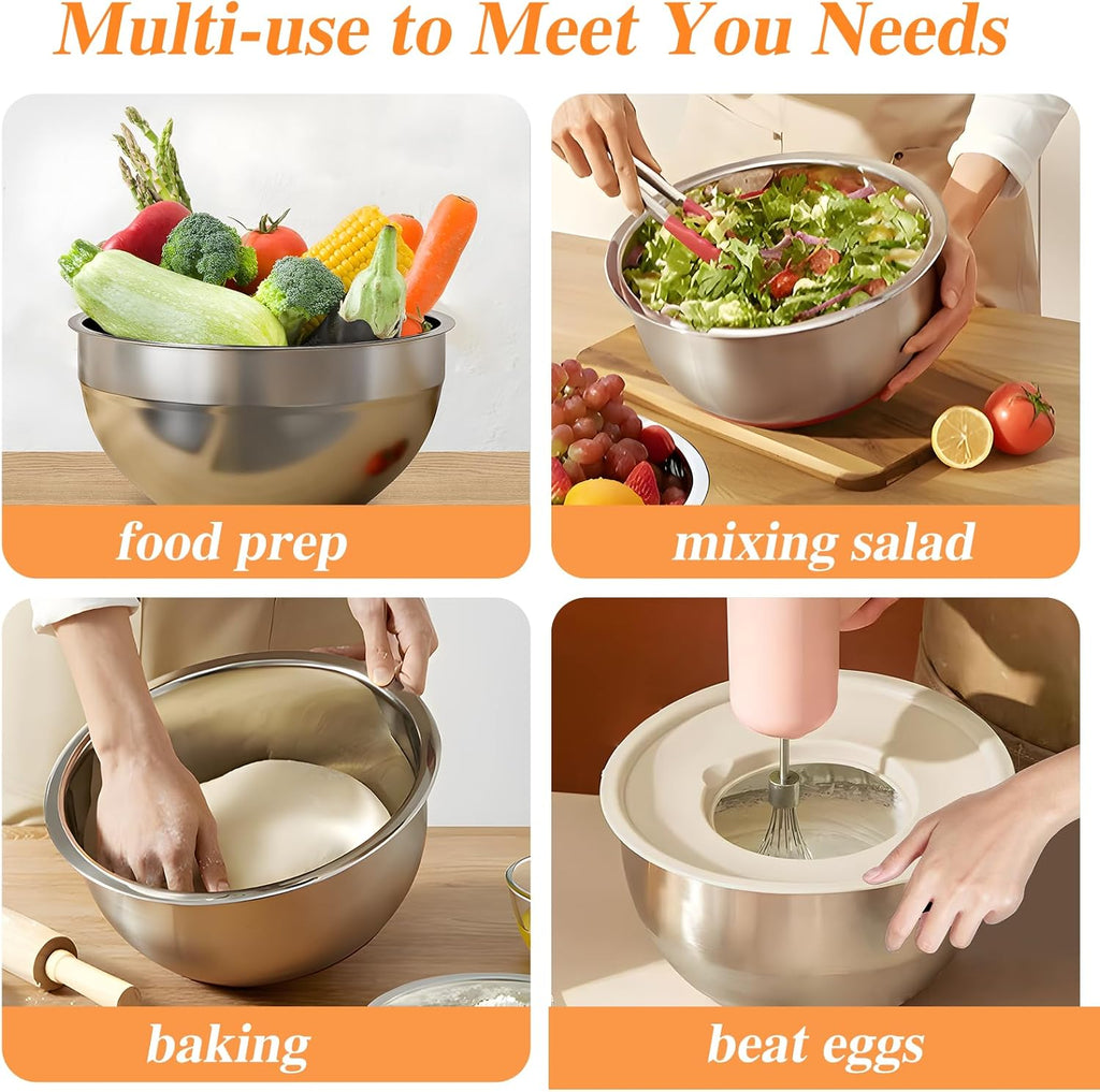 Stainless Steel Mixing Bowls Set by [Brand Name] - 6 PCS with Lids & 3 Grater Attachments | Large Nesting Sizes 4.5QT to 0.7QT