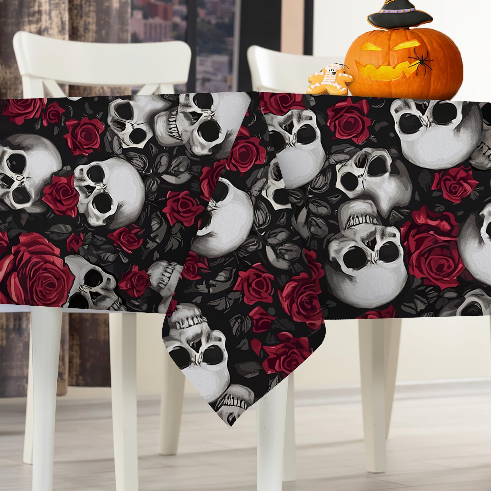 Livcoz Halloween Gothic Skull Rose Square Tablecloth 70 x 70 Inches, Horror Skeleton Red Flowers Decorative Dining Table Cloth, Scary Creepy Floral Dinner Tablecover Picnic Party Decoration