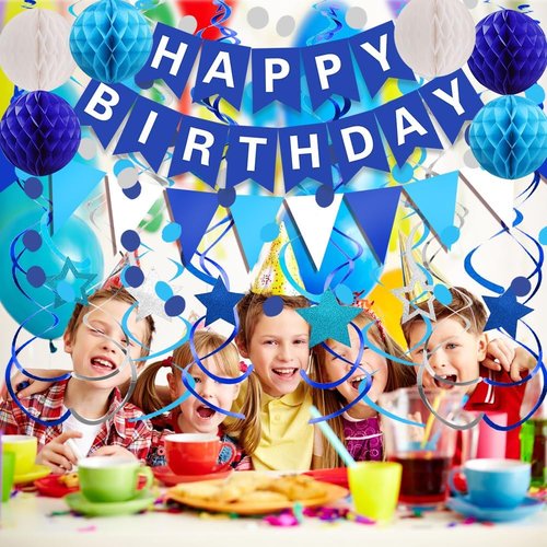 FECEDY Happy Birthday Banner - Navy Blue Paper Flag Garland with Confetti & Honeycomb Balls