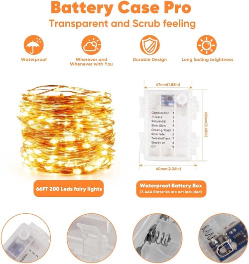 Ariceleo LED Outdoor String Lights - 65.6 Ft Battery Operated with Remote & Timer | Waterproof Warm White Fairy Lights for Weddings, Parties, and More