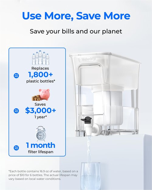Waterdrop 0 TDS 35-Cup Slim Water Filter Dispenser, Large Capacity, Reduces TDS, Chlorine, PFOA/PFOS and More, BPA Free, White (with 1 Filter)