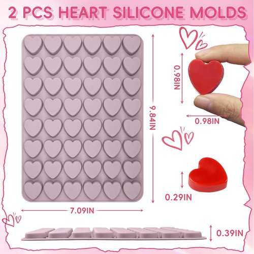Heart Silicone Mold, 2 Pcs Heart Chocolate Candy Mold, 96 Cavity Small Valentine Silicone Molds for Baking Chocolate, Candy, Gummy, Ice Cubes, Jelly, Jello, Cake Decorations, Cupcake Toppers for Mom