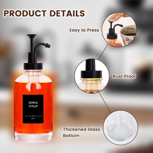 16.9oz Coffee Syrup Dispenser 4Pack- Glass Syrup Dispenser Kit for Coffee Bar Accessories for Home Coffee Bar/Premium Labeled Barista Kit, Matte Black