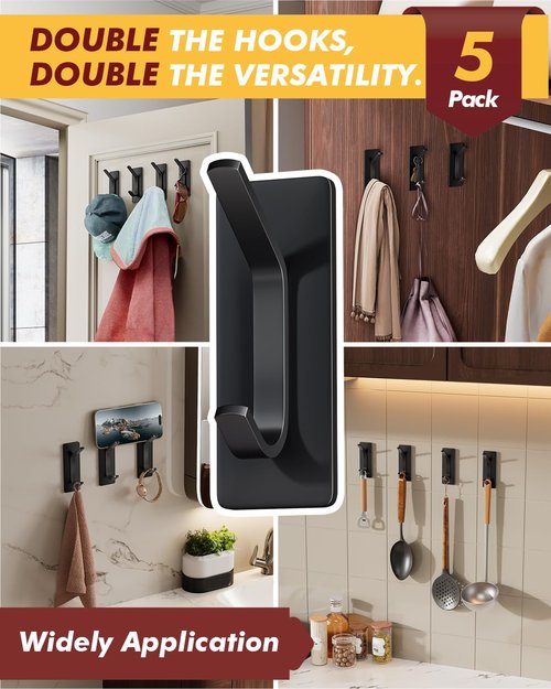 Auxmir Self Adhesive Hooks for Hanging 15lb, Stainless Steel Wall Hooks for Coat and Towel, Waterproof Oilproof Rustproof Adehesive Door Hanger for Bathroom Shower Kitchen Office RV, Black, 5 Pack