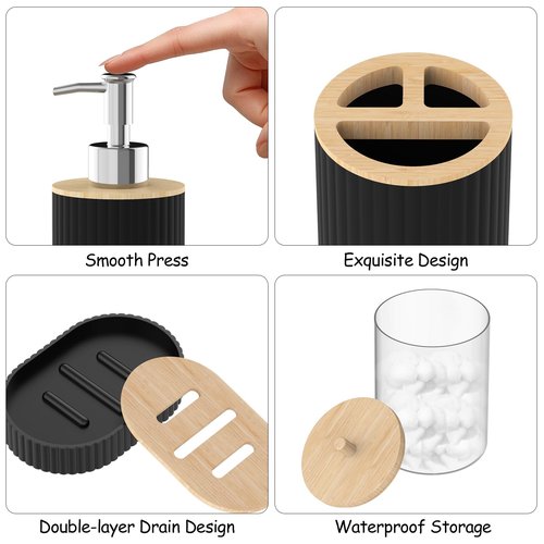 PLIOW Bathroom Accessories Set - 22PCS Black Bathroom Set with Shower Curtain,Trash Can,Toilet Brush Holder Set & Soap Dispenser – Stylish & Functional Bath Decor for Home, Apartment