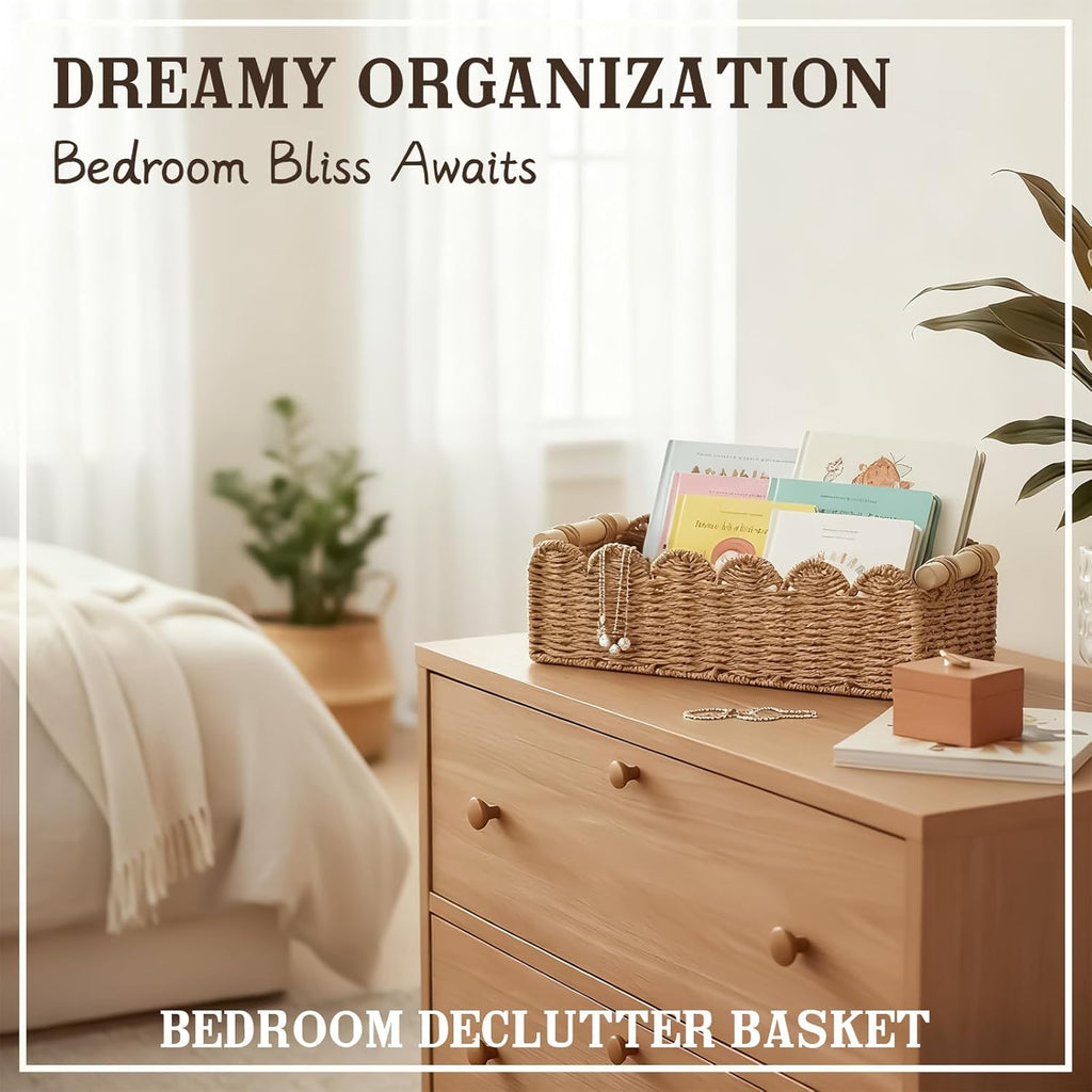 Upgraded Paper Rope Toilet Paper Storage Basket - Scalloped Edge Design | Small Neutral Decor with 2 Wooden Handles