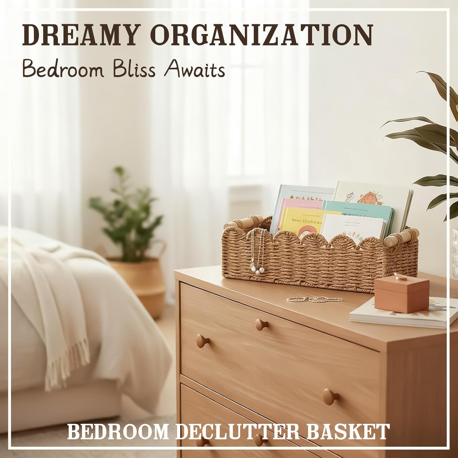 Upgraded Paper Rope Toilet Paper Storage Basket - Scalloped Edge Design | Small Neutral Decor with 2 Wooden Handles