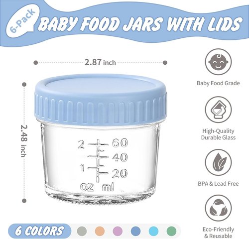 DRKIO 6 Pack Glass Baby Food Storage Containers - 4 Oz Leak Proof Jars with Lids | Microwave & Dishwasher Safe