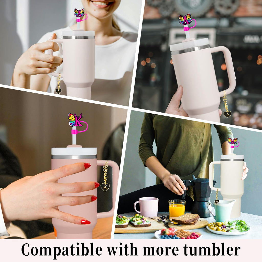(2+2 Straw Cover 10mm and Initial Letter Charms Accessories For Stanley Tumbler Cup, Straw Cap Topper/Letters A to Z Charm Chains Name ID Personalized For Stanley 30&40 Oz Cup Tumbler
